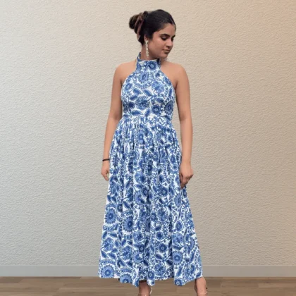 Blue Blossom – Halter Neck Floral Maxi Dress