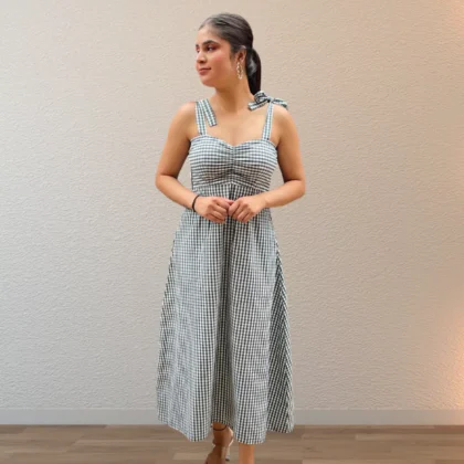 Check-tie Beauty – Gingham Cotton Midi Dress